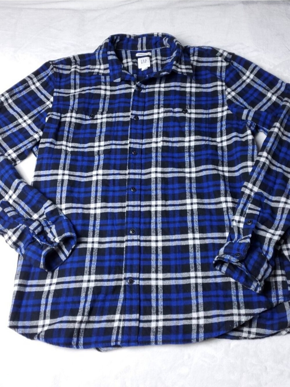 GAP Shirt Mens L Large Long Sleeve Blue Cotton Standard Fit Flannel Plaid Button